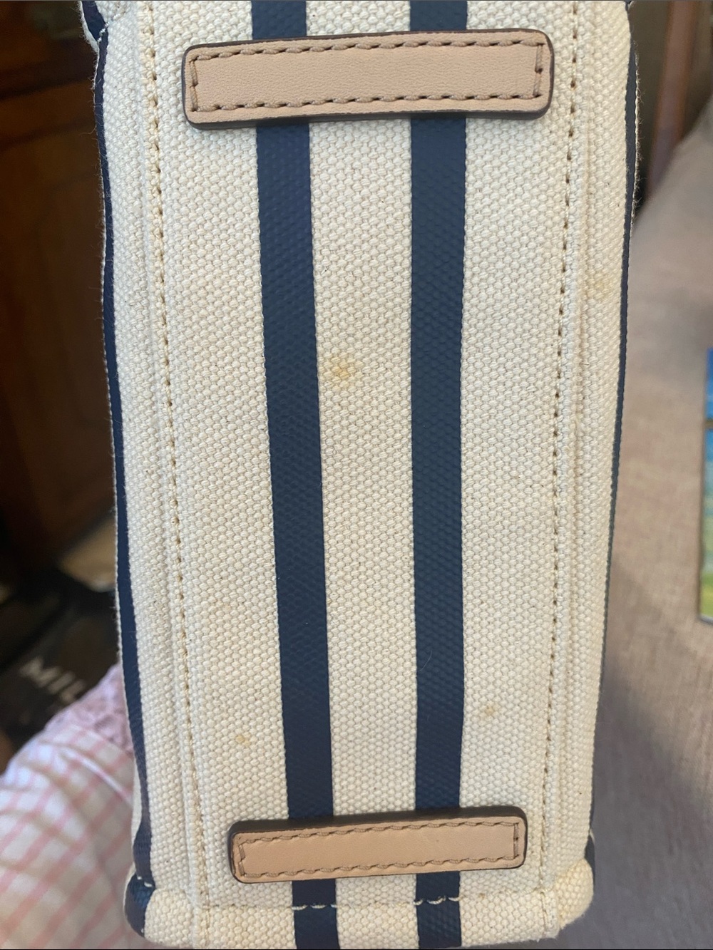 kate spade Navy and Cream Striped Crossbody with Blush Handles 71/2”x 6”tall - Picture 4 of 4